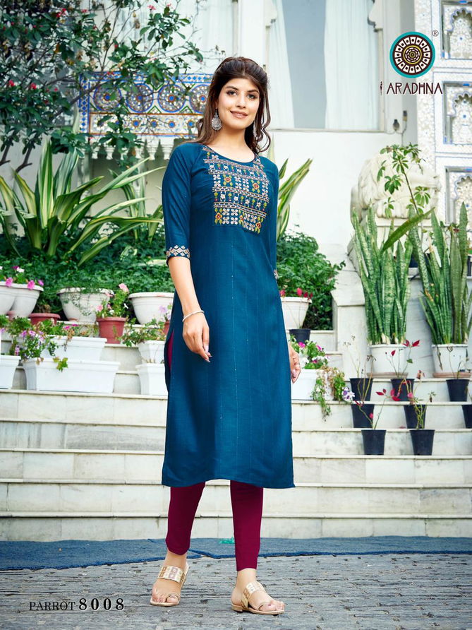 Aradhna Parrot 8 Designer Party Wear Heavy rayon Embroidery Kurti Collection